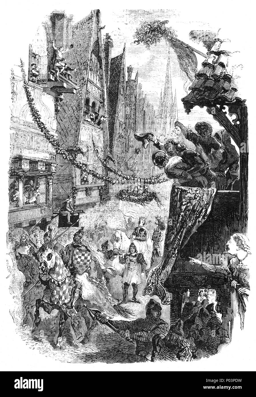 The reception of Philippa of Hainault (1310/15-1369) in London. She was Queen of England as the wife of King Edward III, first by proxy marriage, then formally in York Minster on 24 January 1328, some months after Edward's accession to the throne of England. She acted as regent in 1346, when her husband was away from his kingdom, and often accompanied him on his overseas expeditions. Her kindness and compassion, were demonstrated in 1347 when she persuaded King Edward to spare the lives of the Burghers of Calais. Stock Photo