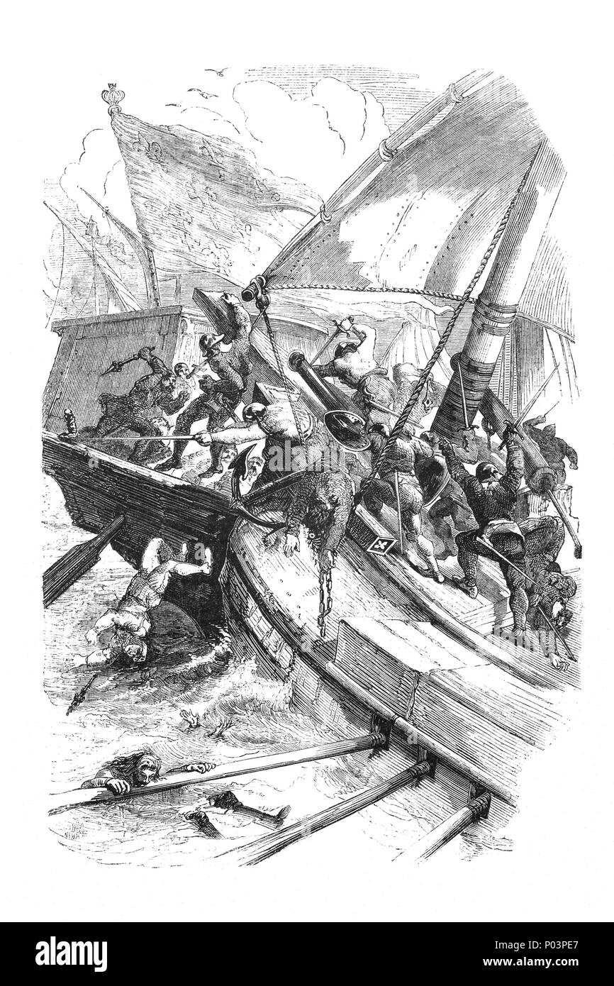 The Battle of Sluys, aka the Battle of l'Ecluse, was a sea battle fought on 24 June 1340 as one of the opening conflicts of the Hundred Years' War between England and France. The encounter happened during the reigns of Philip VI of France and Edward III of England, in front of the town of Newmarket or Sluis, on the inlet between West Flanders and Zeeland. During the battle Philip's navy was almost completely destroyed, giving the English fleet complete mastery over the channel. Stock Photo