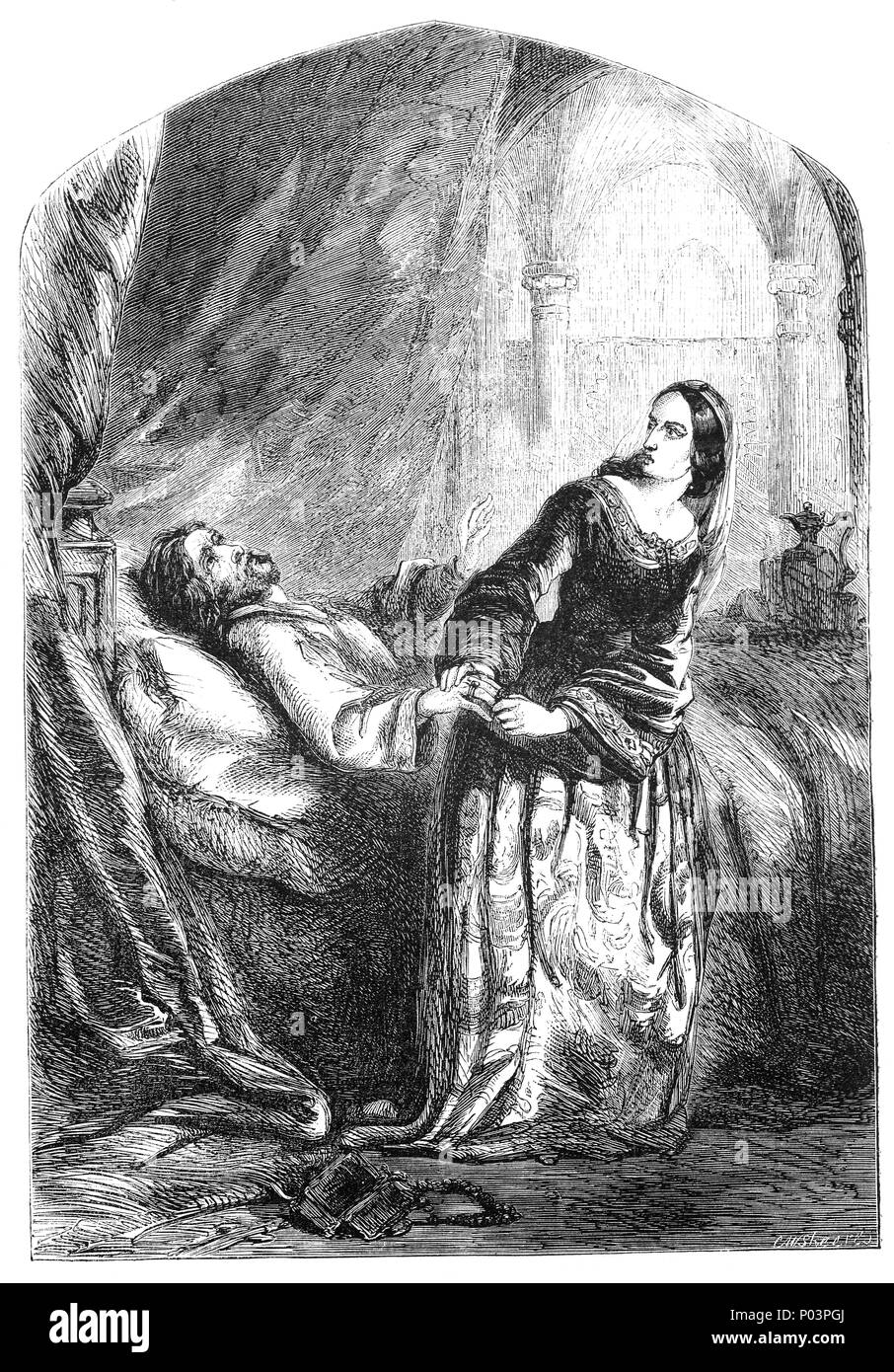 The death of Edward III (1312–1377). His early reign had been energetic and successful, but later years marked by inertia, military failure and political strife, and John of Gaunt was in virtual control of government. Around 29 September 1376 Edward fell ill, but after a brief period of recovery in February 1377, the king died of a stroke at Sheen Palace aka Richmond Palace on 21 June. He was succeeded by his ten-year-old grandson, King Richard II, son of the Black Prince, since the Black Prince himself had died on 8 June 1376. Stock Photo