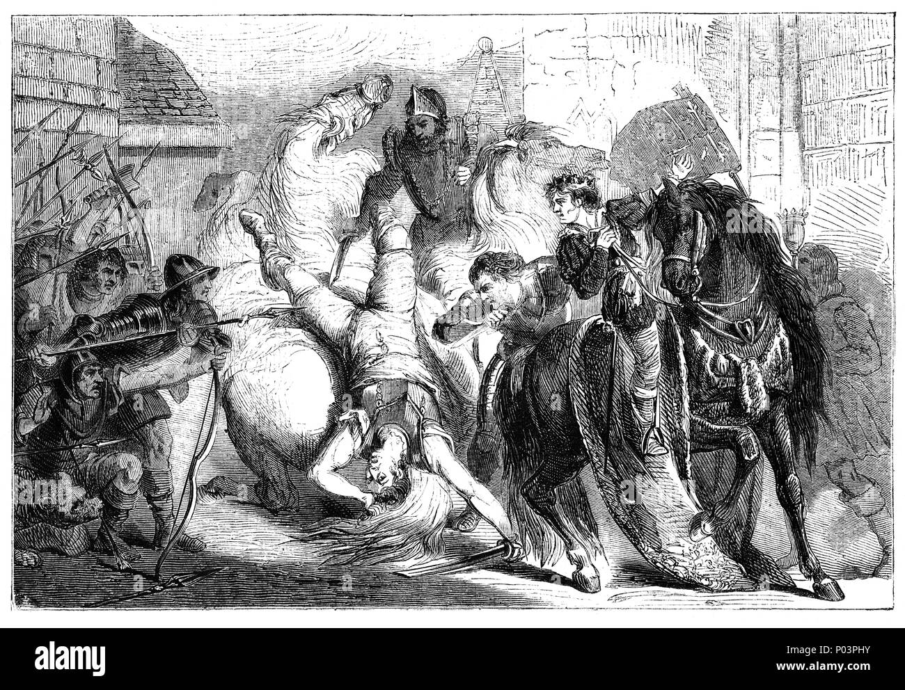 Walter "Wat" Tyler (died 15 June 1381) was a leader of the 1381 Peasants' Revolt in England who opposed the poll tax and demand economic and social reforms. After a meeting with King Richard II, Sir John Newton insulted Tyler. A violent arguement broke out with Newton and William Walworth, Lord Mayor of London. Severely wounded, Tyler managed to ride thirty yards before he fell from his horse. In the disorder that followed, he was taken to a hospital for the poor, but was tracked down by the mayor, brought back to Smithfield, and publicly decapitated. Stock Photo