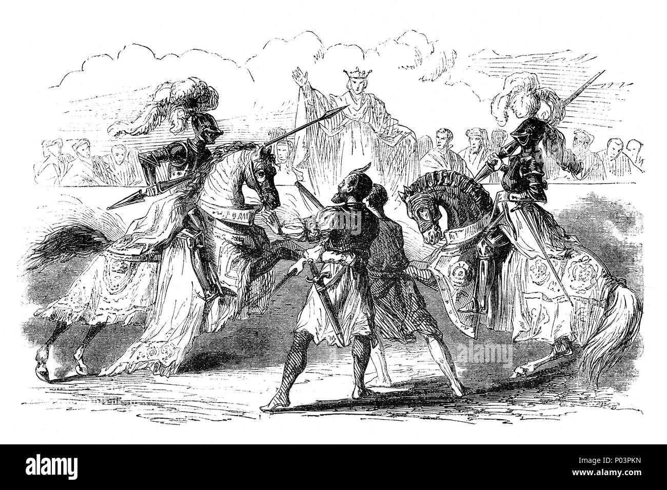 Discord broke out in the inner circles of court in December 1397, when Henry Bolingbroke, Earl of Derby,  and Thomas de Mowbray, Earl of Nottingham, became embroiled in a quarrel. According to Bolingbroke, Mowbray had claimed that the two, as former Lords Appellant, were next in line for royal retribution. Mowbray denied these charges, as such a claim would have amounted to treason. A parliamentary committee decided that the two should settle the matter by battle, but at the last moment Richard stopped the duel and exiled the two dukes instead: Mowbray for life, Bolingbroke for ten years. Stock Photo