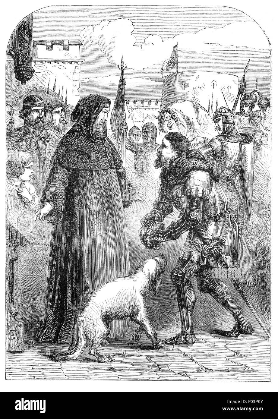 King Richard II meeting Henry Bolingbroke, Earl of Derby in Flint Castle in North Wales. In 1397 Richard II exiled his cousin Henry Bolingbroke, heir to a vast Lancastrian inheritance. When Bolingbroke's father, John of Gaunt, died in 1399 the King seized his estates, then departed on a military campaign in Ireland. Henry returned from exile to reclaim his lands, but finding little support for Richard and altered his plans to seize the throne. When King Richard landed in Wales he was captured and held in Flint Castle. Following negotiations Richard abdicated on 19 August 1399. Stock Photo