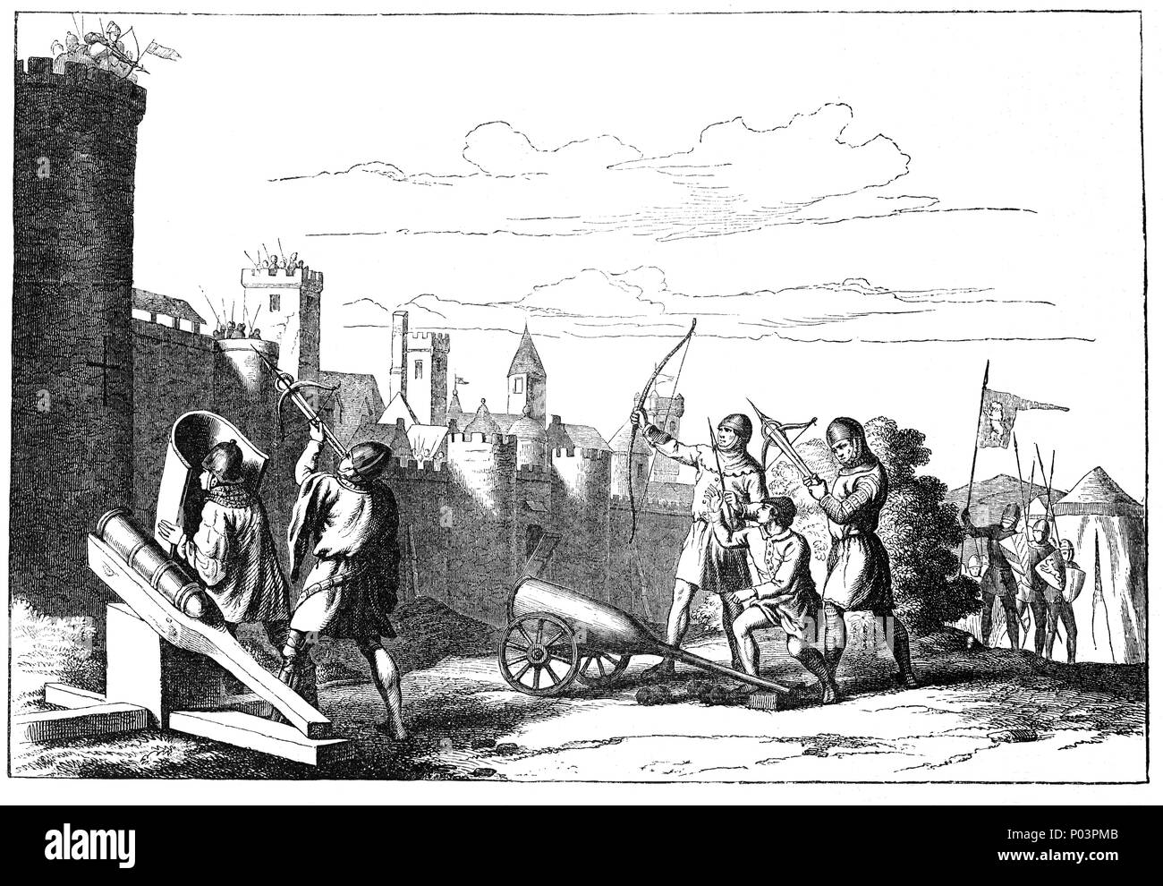 A typical 14th Century siege was a military blockade of a city, or fortress, with the intent of conquering by attrition, or a well-prepared assault. It involves surrounding the target to block the provision of supplies and the reinforcement or escape of troops, coupled with attempts to reduce the fortifications by means of siege engines, artillery bombardment, mining (also known as sapping), or the use of deception or treachery to bypass defenses. Stock Photo