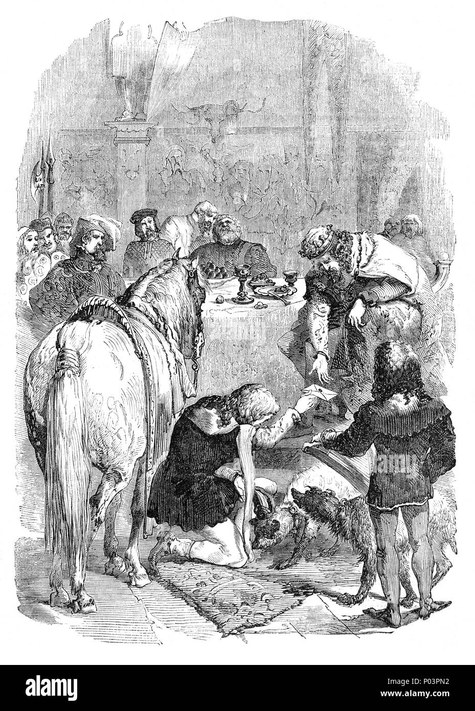 During the Feast of Pentecost in held in Westminster Great hall in 1316, a woman dressed as a minstrel approached King Edward II. She entered on a horse, acted like a minstrel at various tables until mounting the steps of the royal table she deposited a letter, and left rapidly on her horse. On opening the letter, the King found it contained severe criticism and censure of the king's conduct. Stock Photo