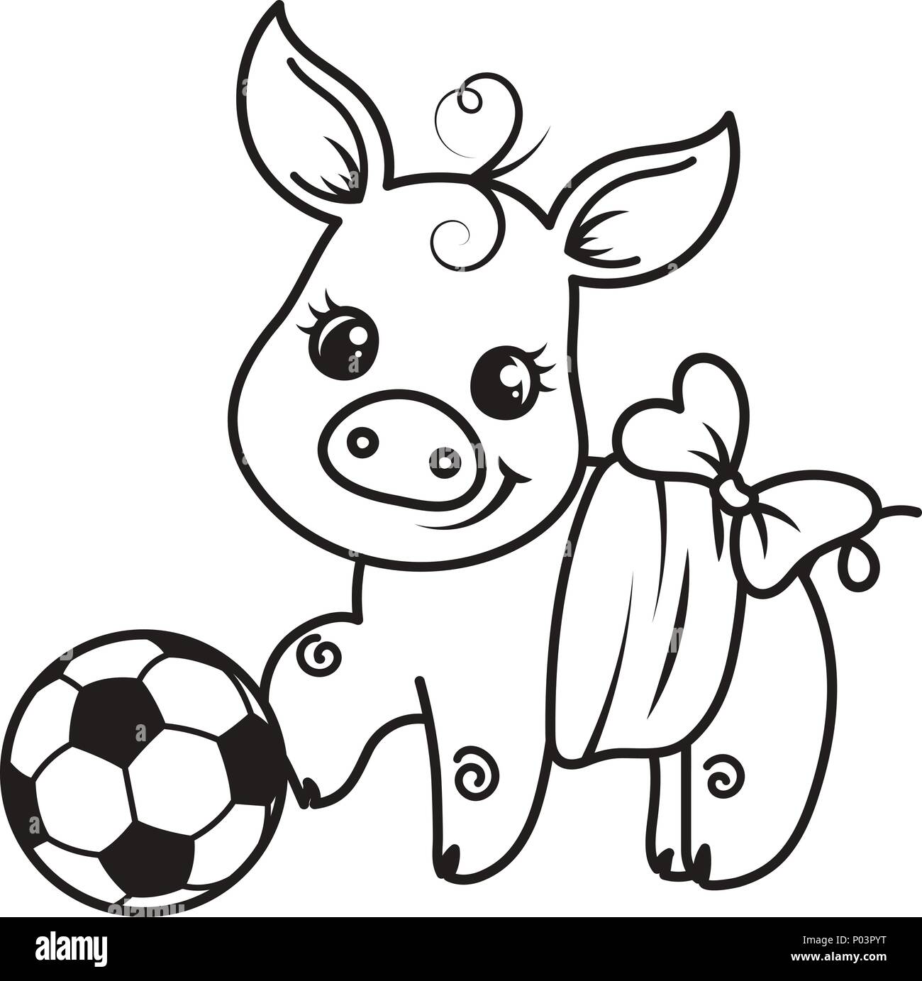 Cute cartoon pig with a soccer ball. Vector illustration. Coloring page ...