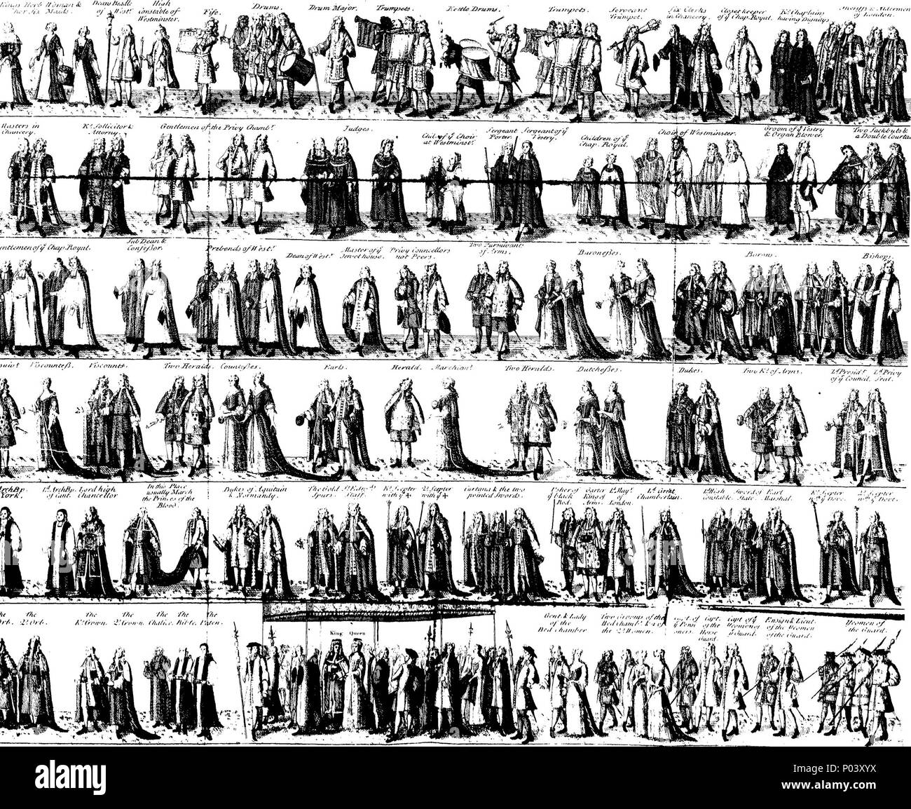 . English: Fleuron from book: A complete account of the ceremonies observed in the coronations of the kings and queens of England. Containing, I. The Form of the Royal Letters of Summons, sent to the Peers and Peeresses, to attend the Solemnity of the Coronation. II. The usual Disposition of the Horse and Foot-Guards, and their respective Habits, Parades, and Stations on the Coronation-Day. III. The Apparelling and Robing of the King and Queen, and their Majesties repairing to Westminster-Hall. IV. The Marshalling and Conducting into Westminster-Hall, the several Persons who are to march in th Stock Photo