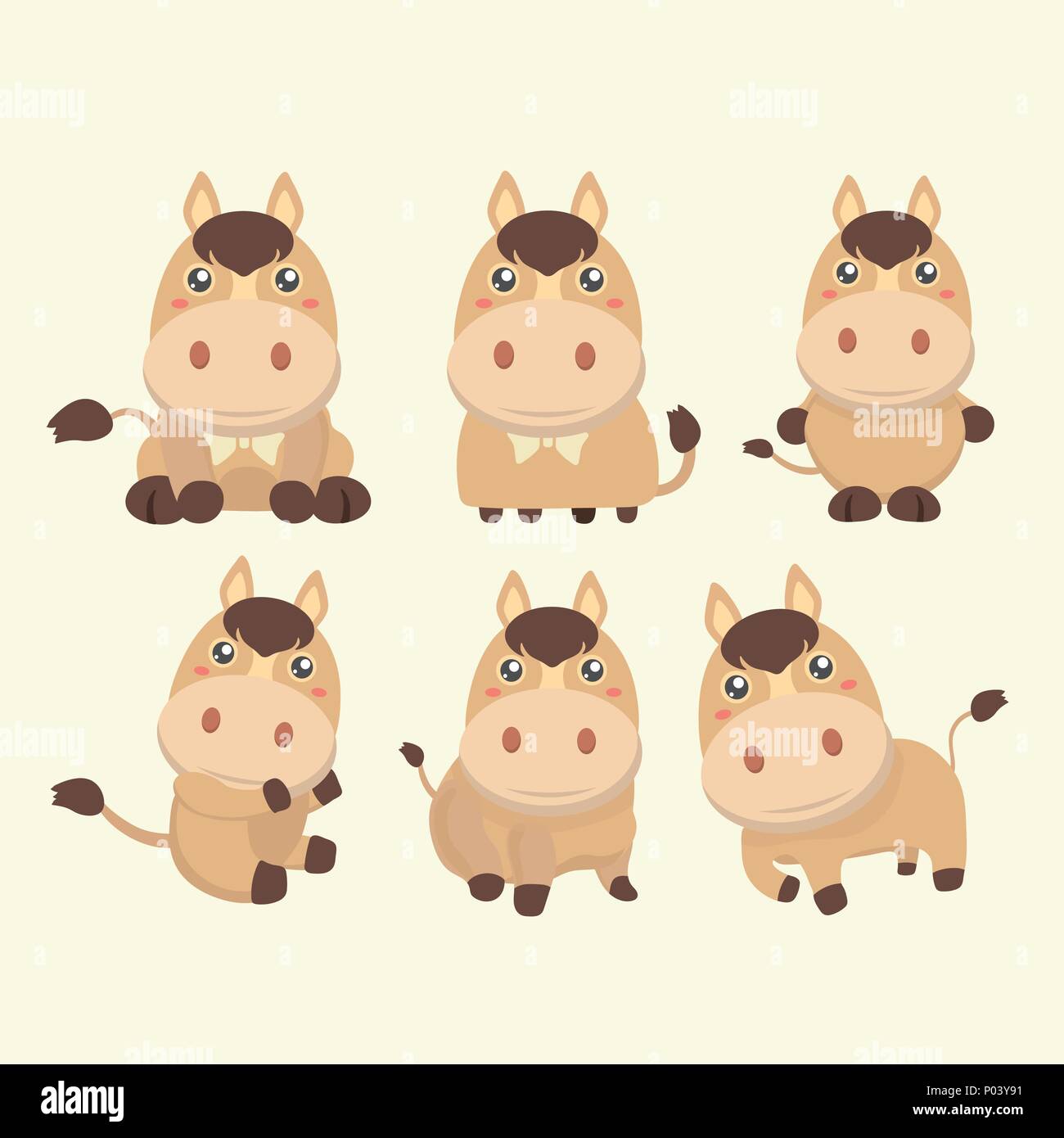 A set of cute brown cartoon horses. Stock Vector