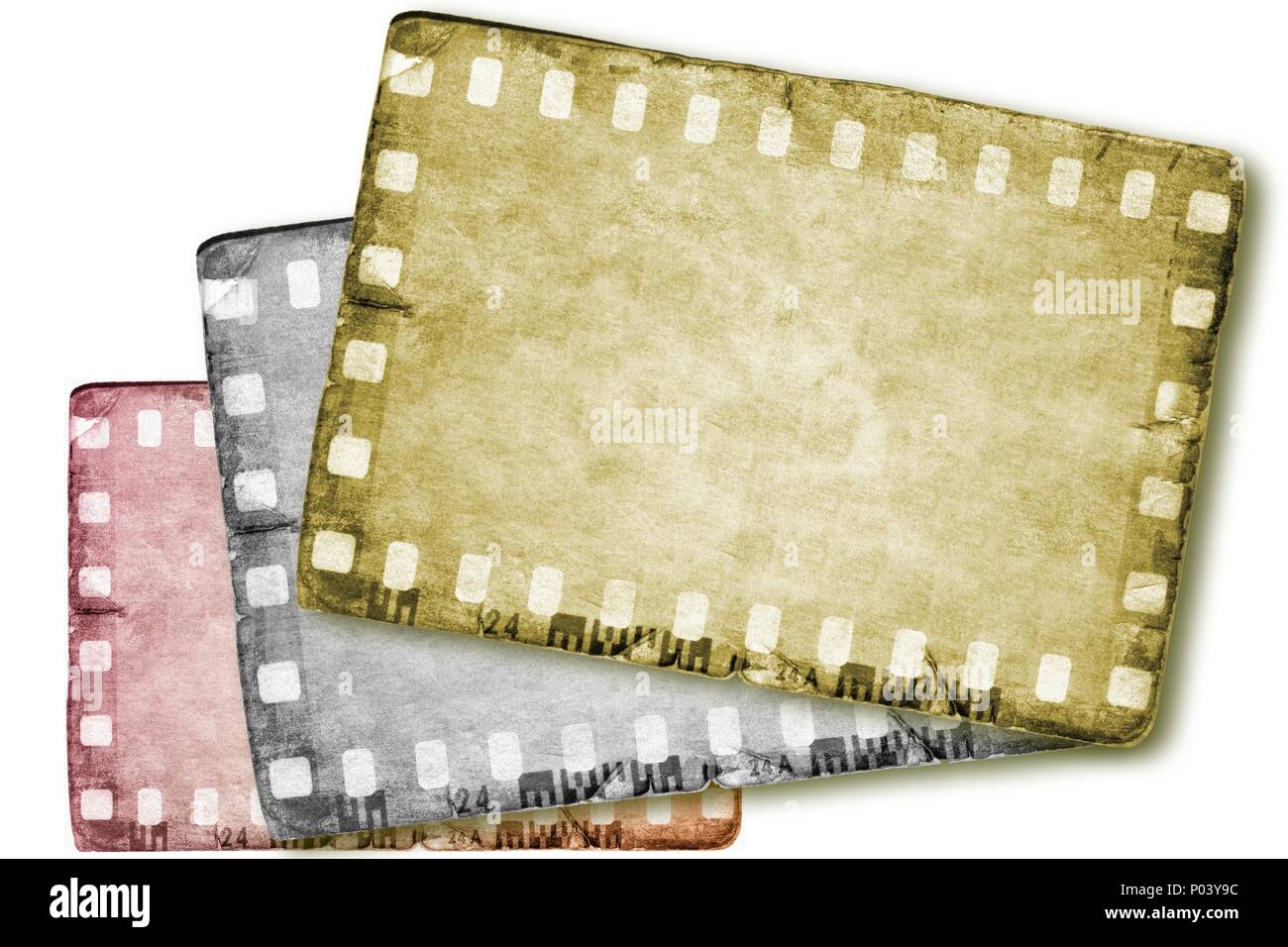 Vintage sepia, blue and red film strip frames on old and damaged paper  background Stock Photo - Alamy