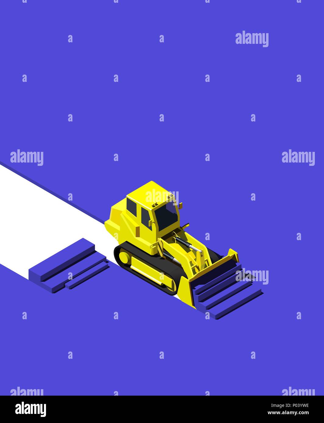 Yellow bulldozer pushing blue ground. Modern isometric construction vehicle illustration. Low poly style. Stock Vector