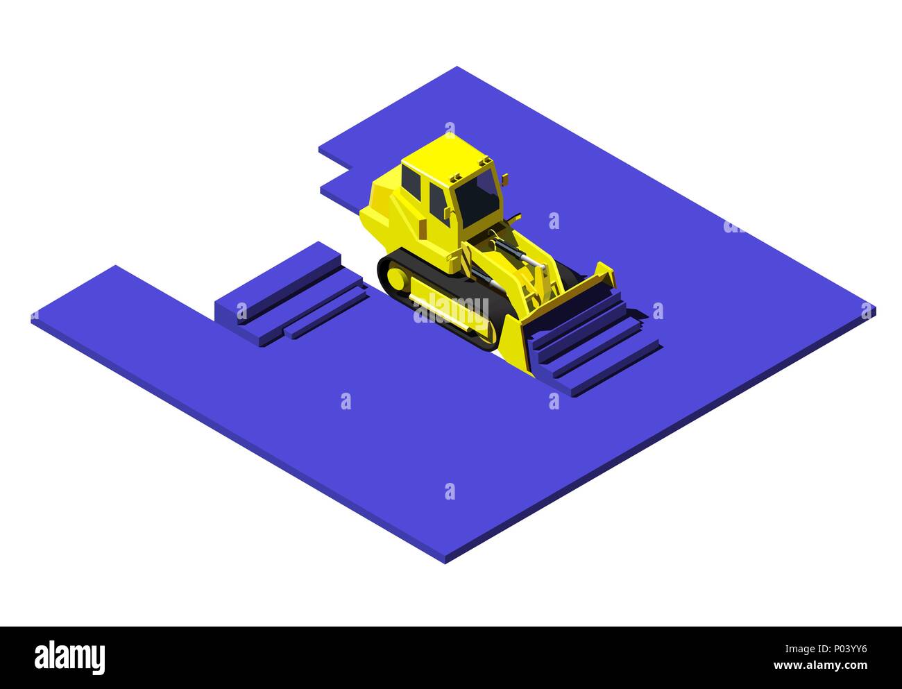 Yellow bulldozer pushing blue ground. Modern isometric construction vehicle illustration. Low poly style. Stock Vector