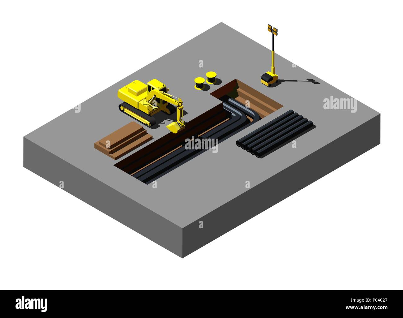 Yellow excavator at construction site. Vector isometric illustration. Stock Vector