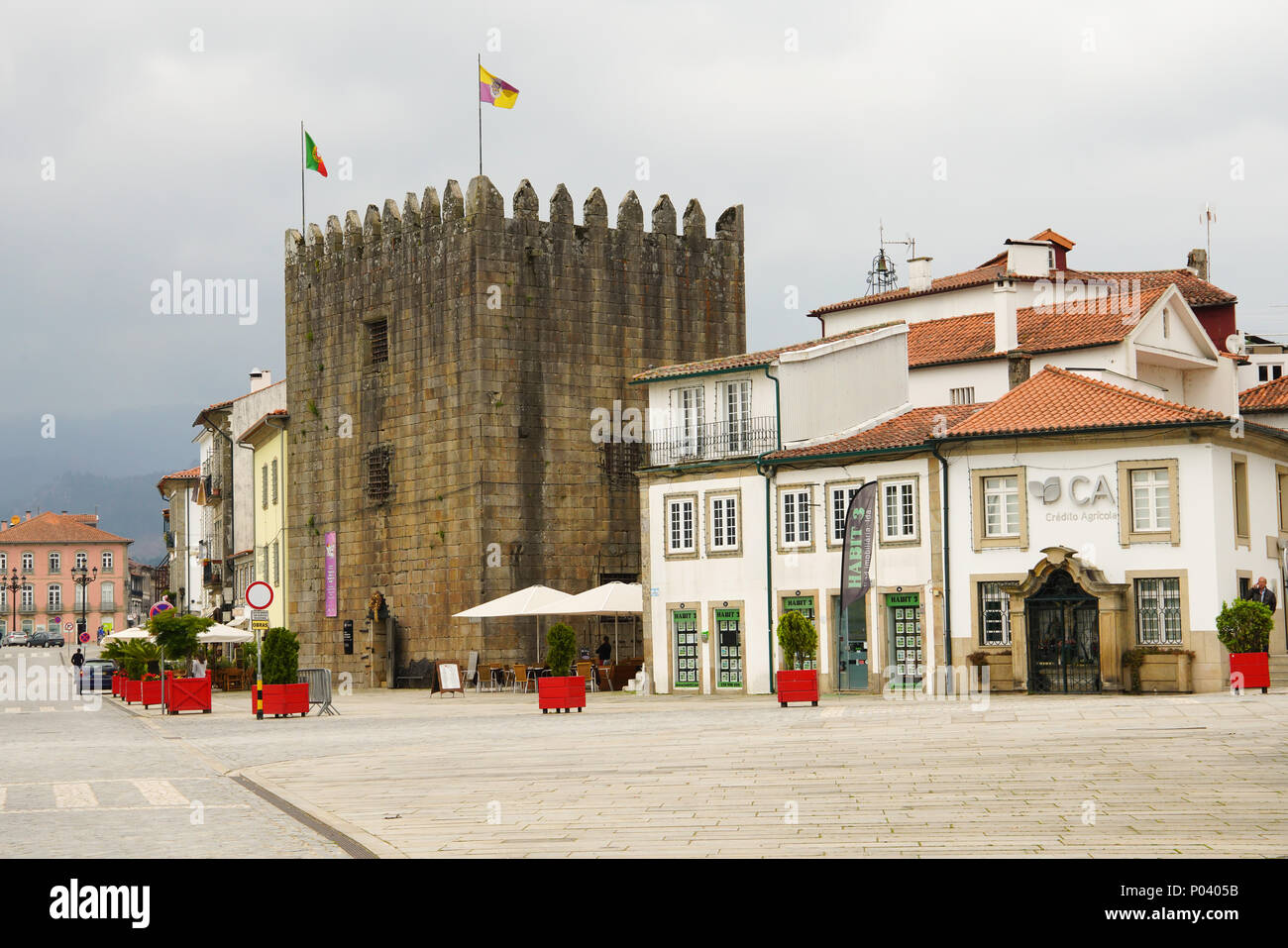 View of Ponte de Lima by river bank, Portugal. Stock Photo