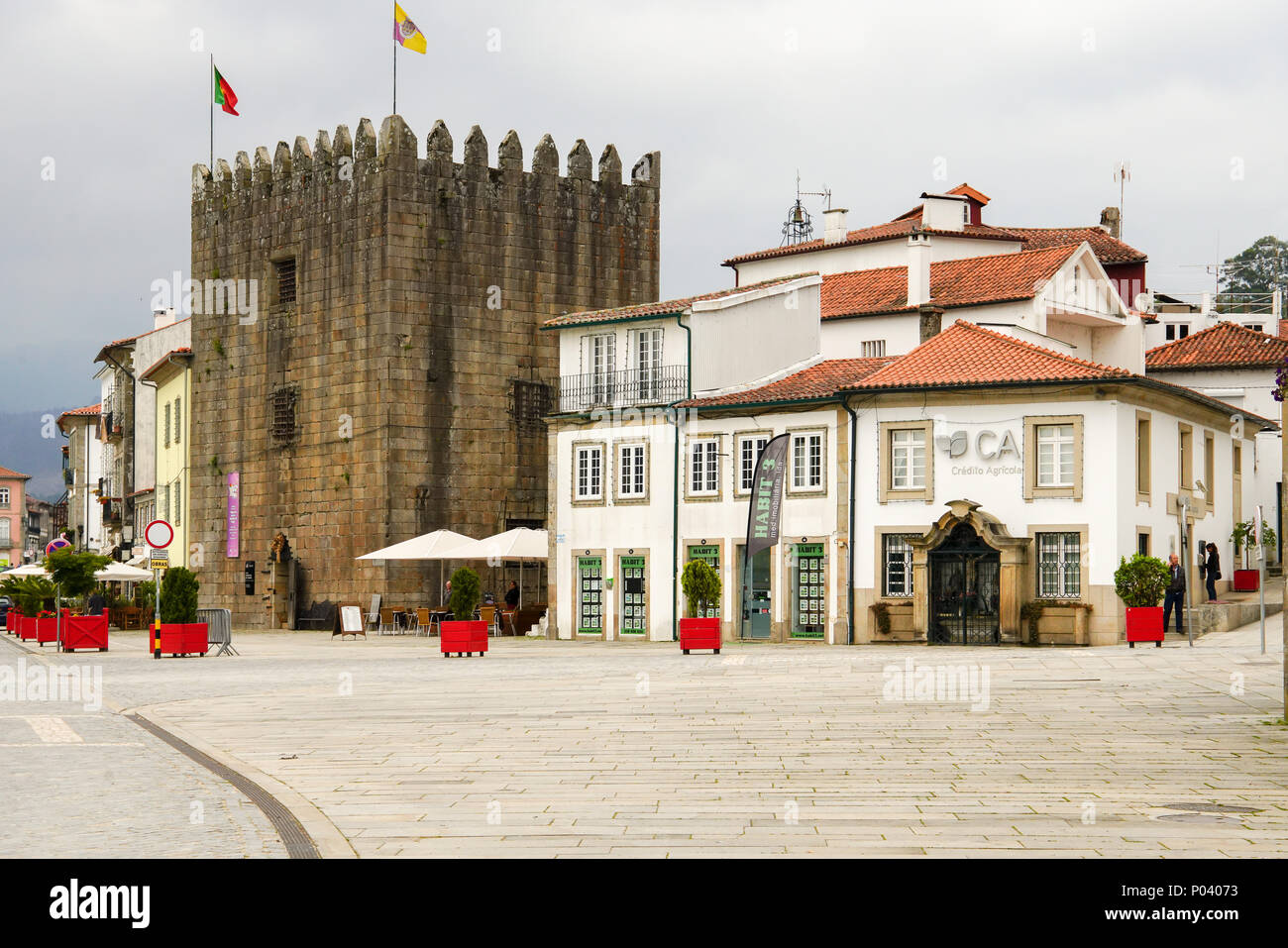 View of tower in Ponte de Lima by river bank, Portugal. Stock Photo