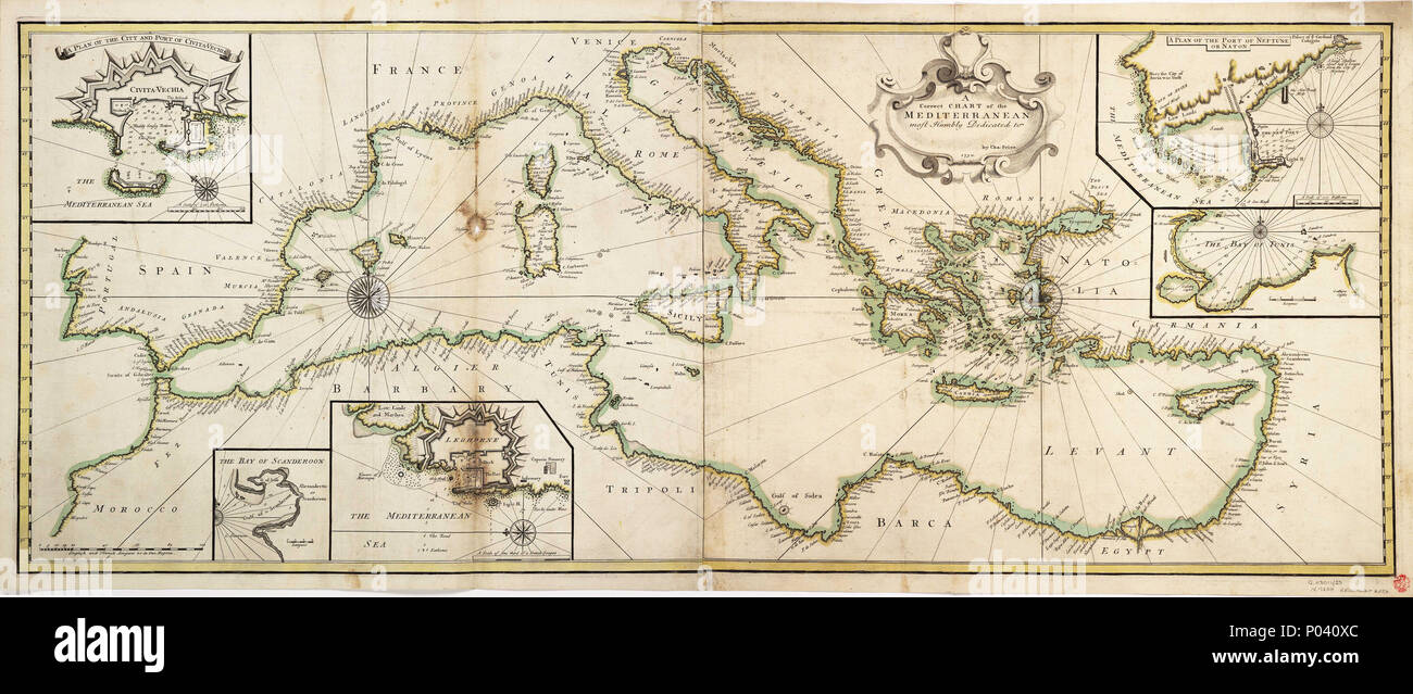 .  English: A correct chart of the Mediterranean most humbly dedicated to [blank] by Cha: Price.1730.Single sheet. Hand col. engr. Medium: 2 leaves joined at vertical centre-line, linen backed. Scale: [ca.1:4 000 000]. Cartographic Note: Border graduated for latitude. Scale in English & French leagues. Contents Note: 5 insets, A plan of the city and port of Civita Vechia [ca. 1:10 000], The Bay of Scanderoon [ca. 1:700 000], Leghorne [Livorno] [ca. 1:22 000], A plan of the port of Neptune or Nahon [Anzio/Nettuno] [ca. 1:12 000]. Shows ancient ruins, The Bay of Tunis [ca. 1:550 000]. G230:1/23  Stock Photo