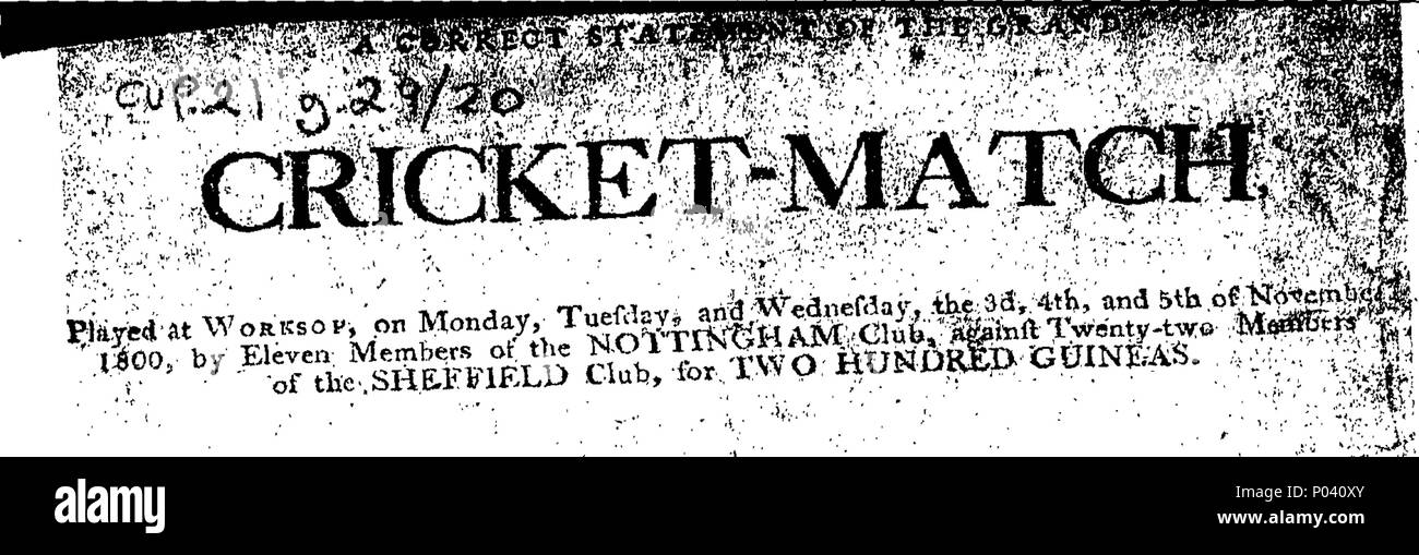 . English: Fleuron from book: A correct statement of the grand cricket-match, played at Worksop, on Monday, Tuesday, and Wednesday, the 3d, 4th, and 5th of November 1800, by eleven members of the Nottingham Club, against twenty-two members of the Sheffield Club, for two hundred guineas. 74 A correct statement of the grand cricket-match Fleuron T223901-3 Stock Photo