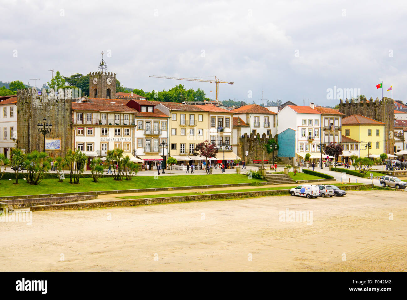View of river bank and Old Town Ponte de Lima, Minho Province, Portugal. Stock Photo