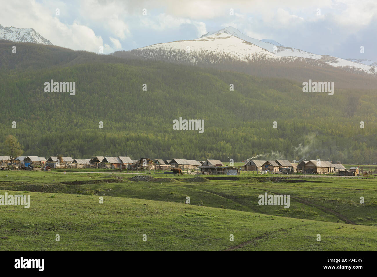 Tuvan village, Kanas Lake National Park, Xinjiang, China Stock Photo