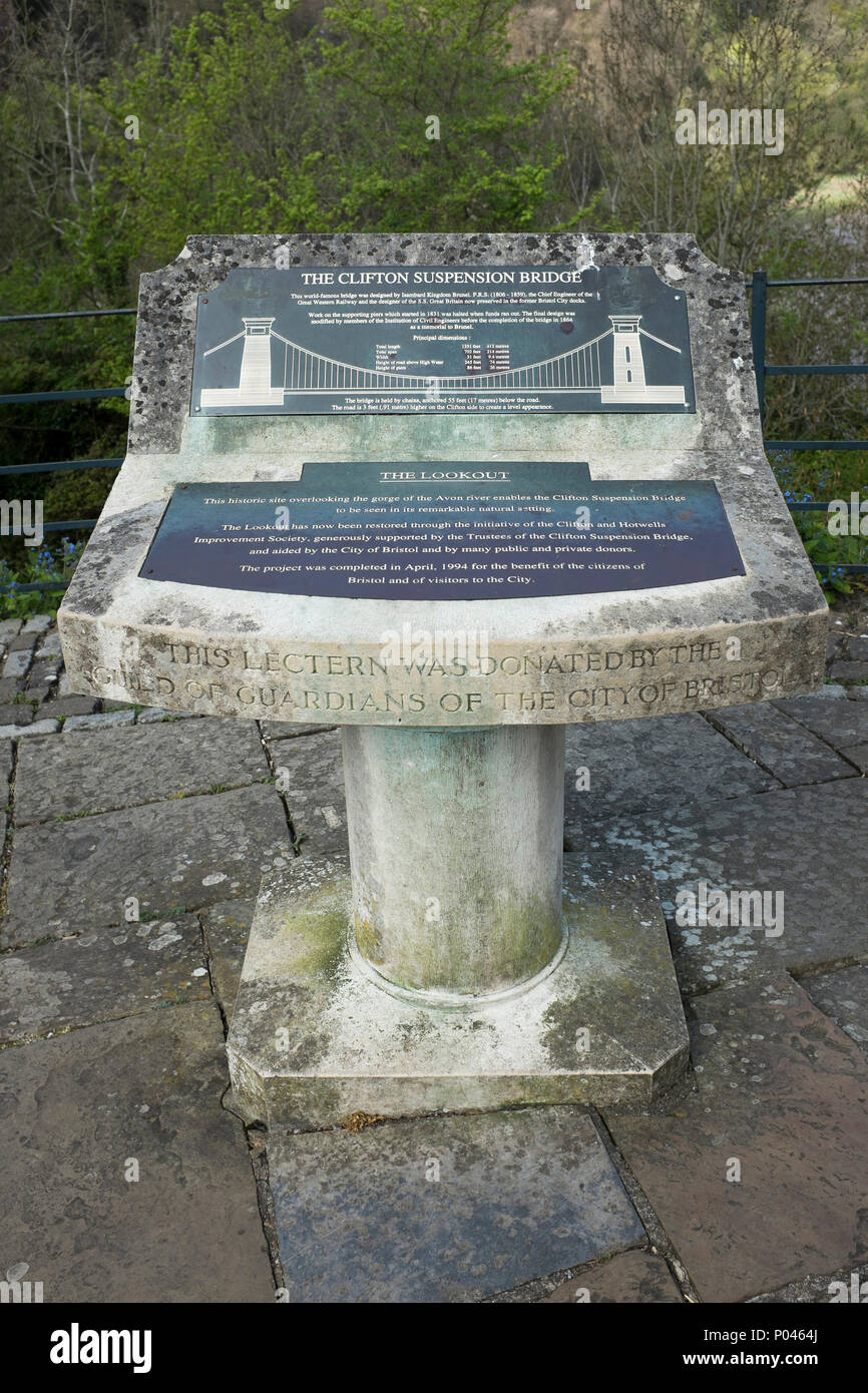 Visitor Information Plaque at the Clifton Suspension Bridge in Bristol Stock Photo