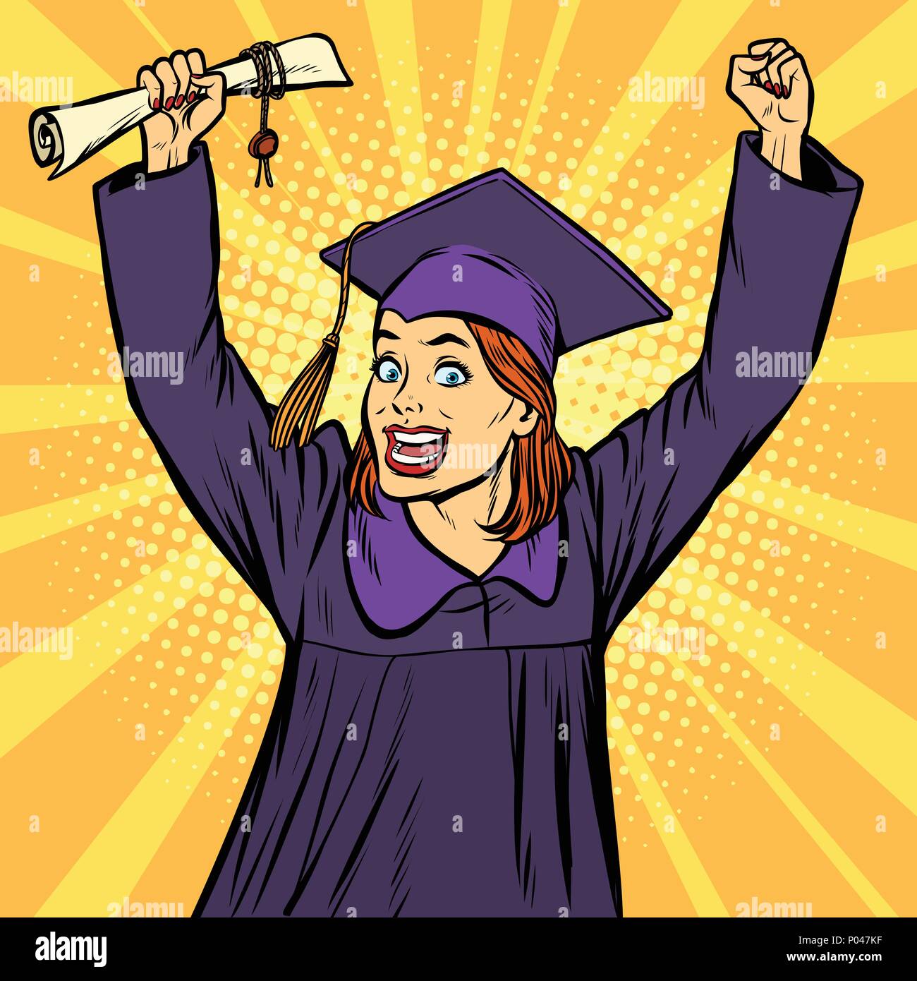 joyful woman graduate victorious gesture hands up Stock Vector Image ...
