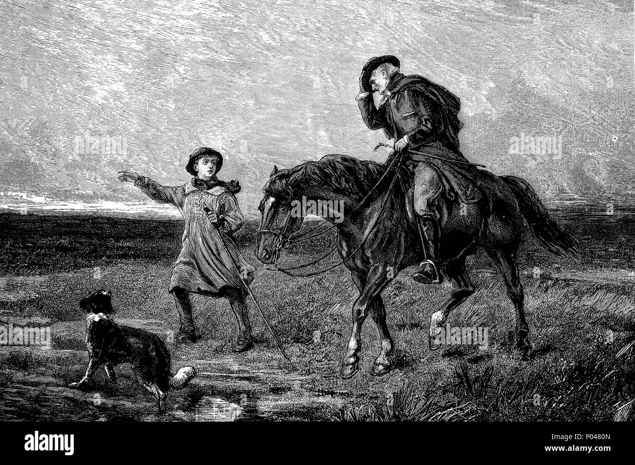 man on a horse, rider in the landscape with a boy showing the way, and a  dog, digital improved reproduction of an original print from the year 1881  Stock Photo - Alamy, image size:1300x952