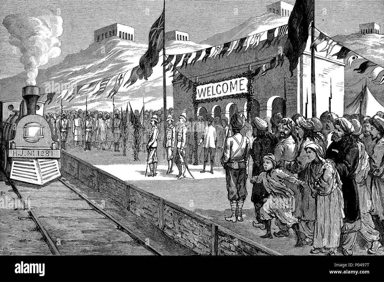 the tour of the viceroy of India, arrival of the viceregal train at Sibi, Governor-General of India, digital improved reproduction of an original print from the year 1881 Stock Photo