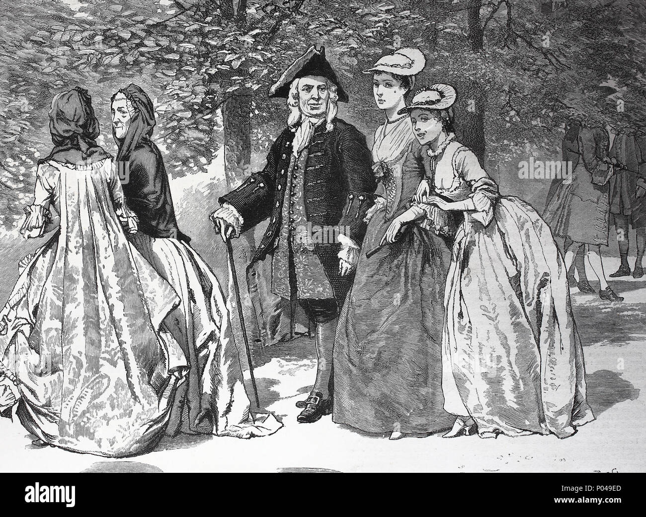 We fell, presently, into a sort of procession, a group of people walking in the park, digital improved reproduction of an original print from the year 1881 Stock Photo