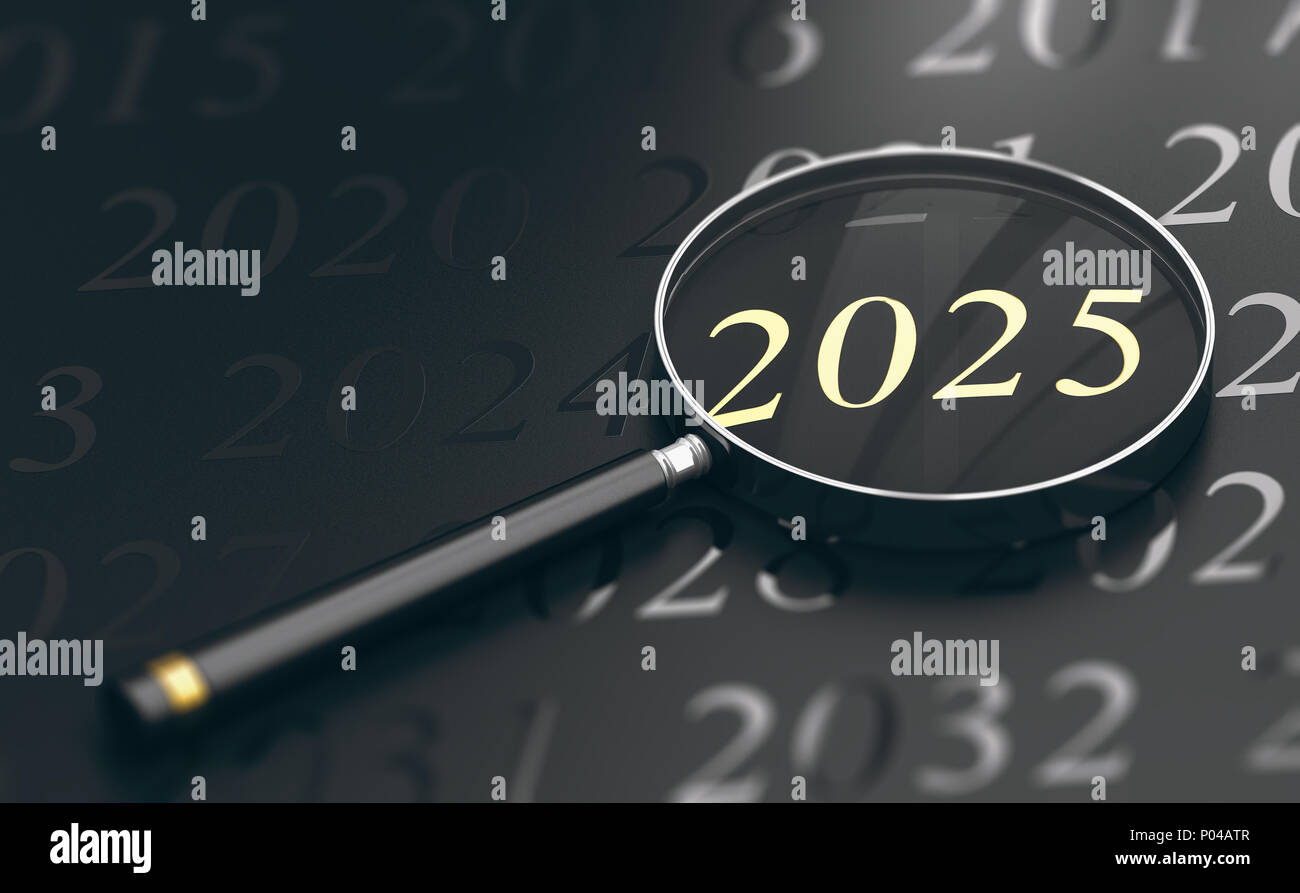 3D illustration of year 2025 written in golden letters and a magnifying glass over black background Stock Photo