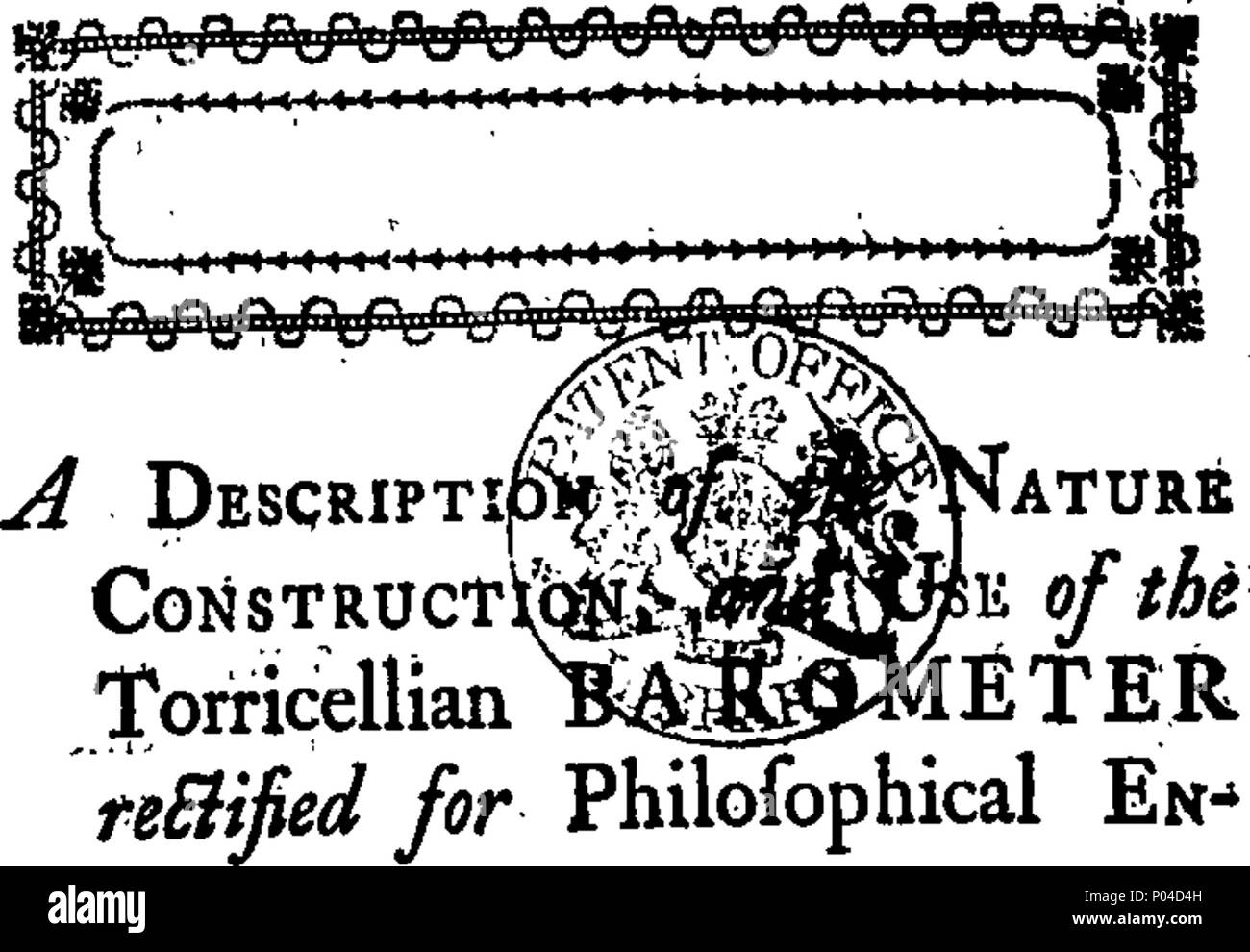 . English: Fleuron from book: A description of the nature, construction, and use of the Torricellian, or simple barometer. With a scale of rectification for estimating the true altitude of the column of mercurcy (equal to the Weight of the Atmosphere) to the Hundredth Part of an Inch. Also The Theory and Construction of the Compound Barometer; the Nature and Use of the Thermometer, and Hygrometer. With an appendix. Containing an Analytical Solution of a Barometrical Problem. The whole illustrated by Copper-Plate Figures of the several Instruments. By Benjamin Martin. 86 A description of the na Stock Photo