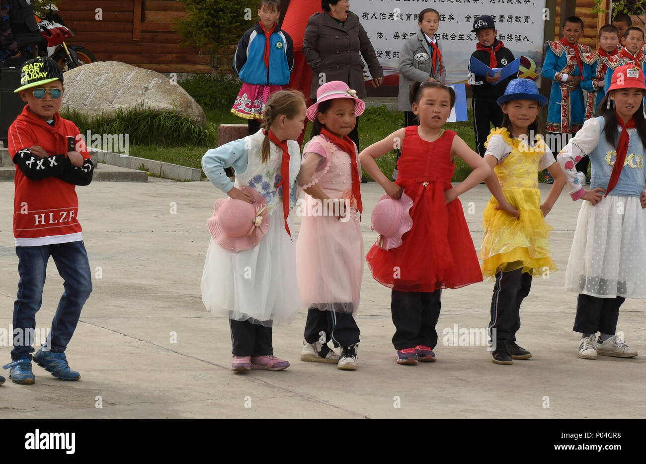 Tuvan schoolchildren, Kanas Lake National Park, Xinjiang, China Stock Photo