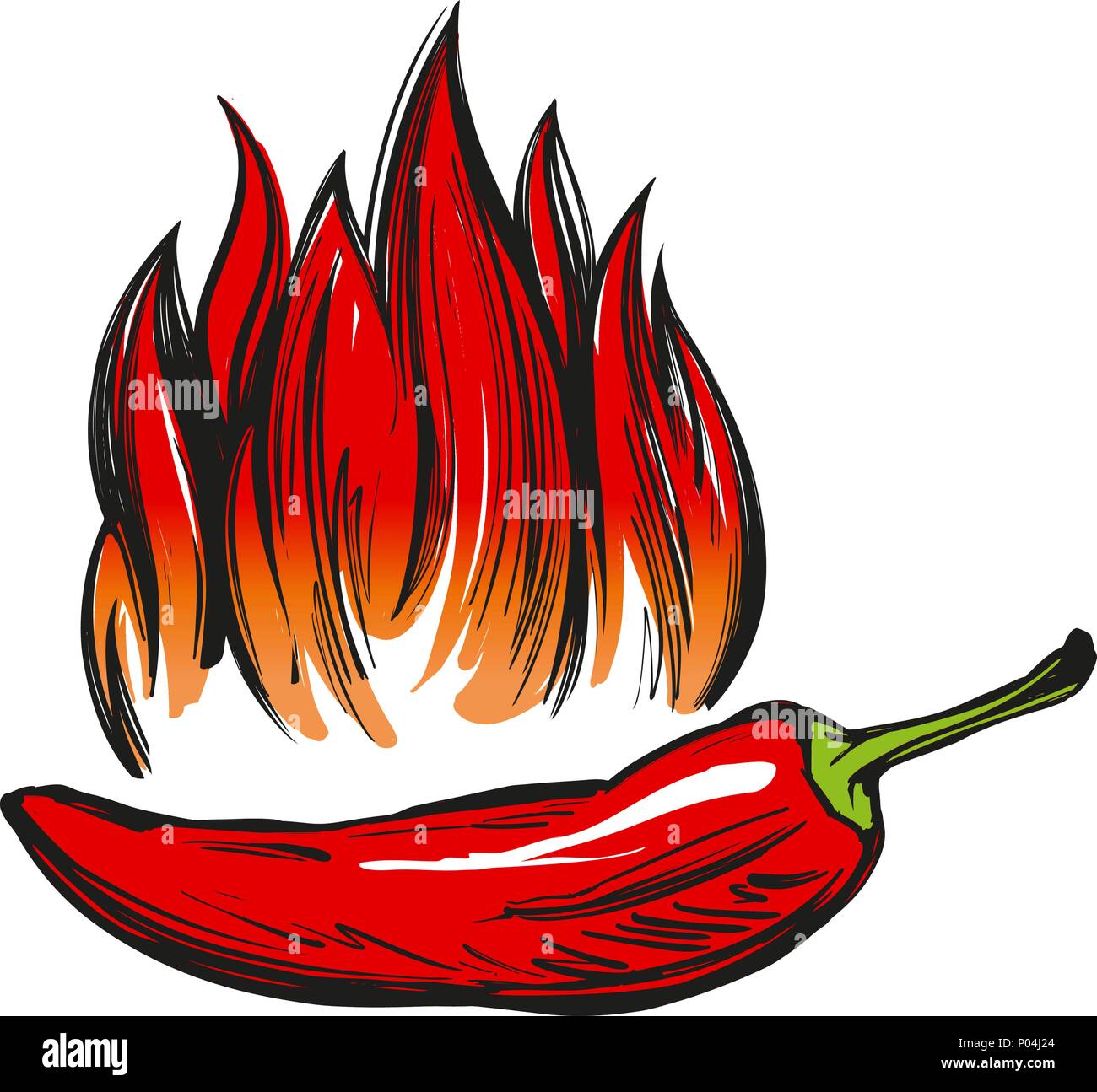 chili pepper and flame abstract symbol, sign, vegetable hand drawn vector illustration sketch Stock Vector