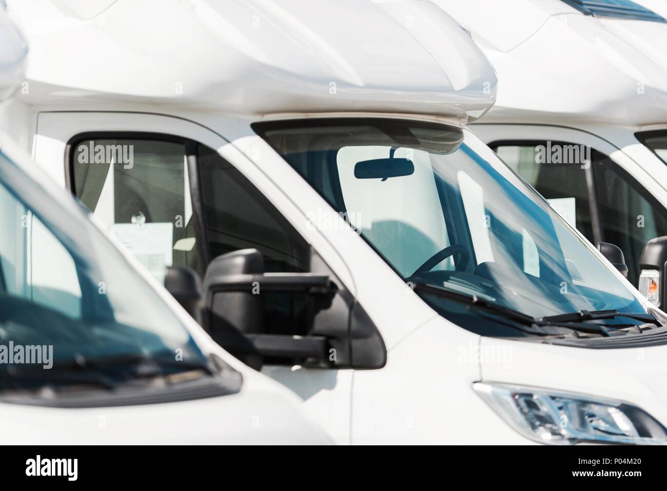 Camper Vans in Stock. Motor Coaches RV Dealer Theme. Travel Industry. Stock Photo