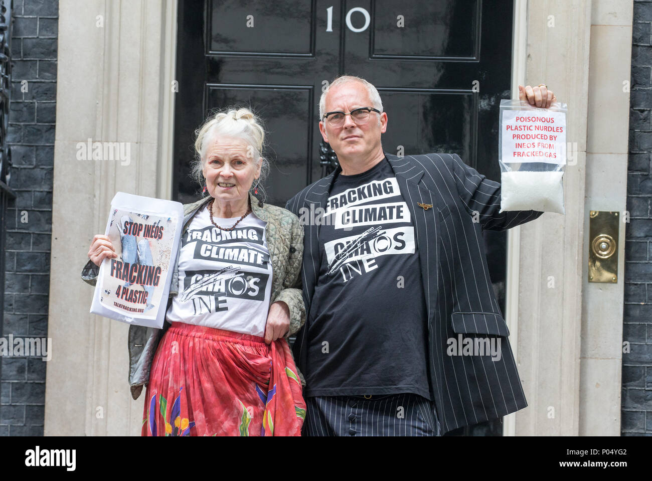 Dame Vivienne Westwood with son Joe Corre, at the door of Number 10