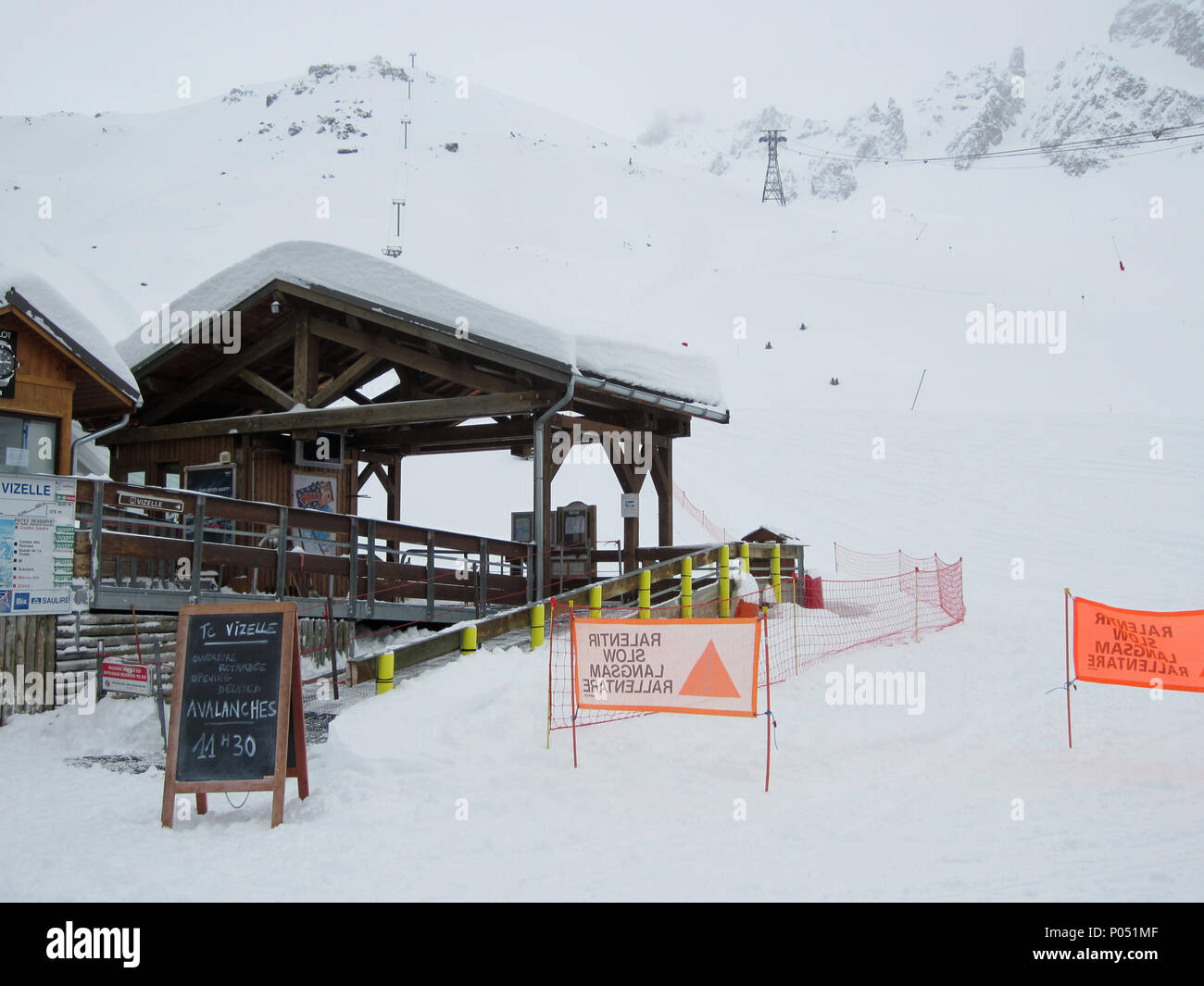 Ski lift closed, avalanche risk, Les 3 Vallées, France Stock Photo