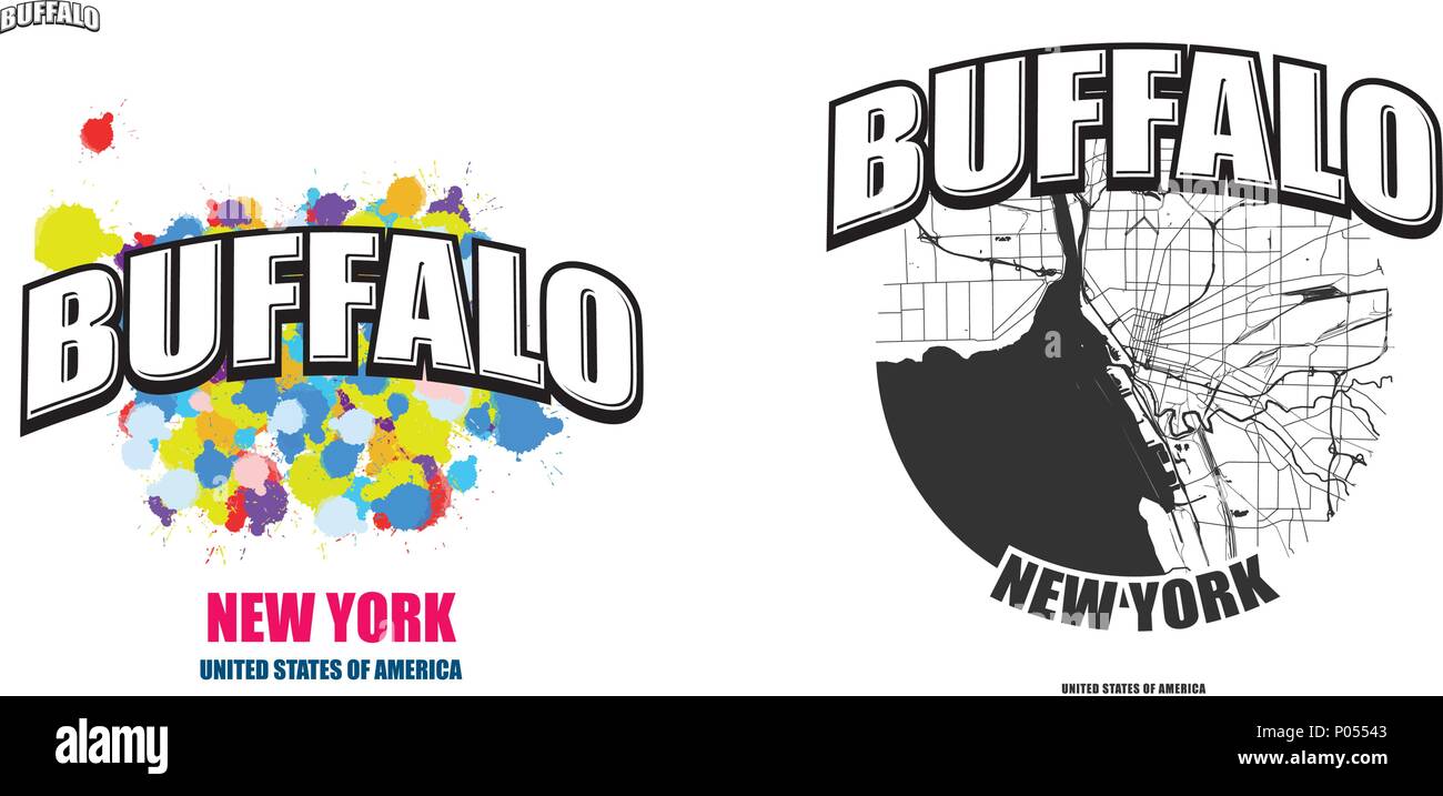 Buffalo, New York, logo design. Two in one vector arts. Big logo with vintage letters with nice colored background and one-color-version with map for  Stock Vector