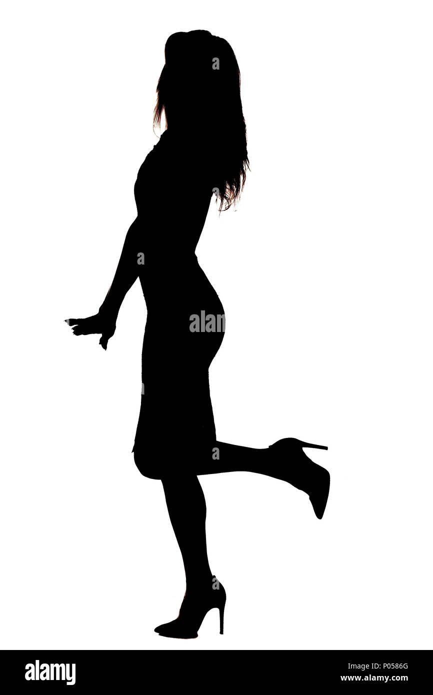 Silhouetted women in heels. Side view. Isolated on white background. The contours of the girl in the dress coquettishly pursed her leg Stock Photo