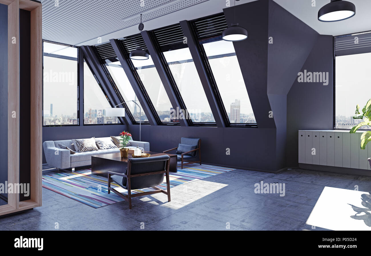 modern attic loft interior. 3d rendering concept Stock Photo - Alamy
