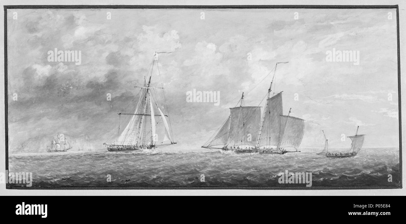 .  English: A cutter and a lugger in a fresh breeze Gore lived in Southampton from 1757 until 1773 and during the latter part of this period started developing his drawing style. He also experimented in ship design which resulted in the building of his cutter, the 'Snail'. He accompanied the fleet in this and cruised in the Channel during the summer. His drawings at Weimar (Goethe-Nationalmuseum) record these cruises along the coasts of the West Country, Belgium, Normandy and Britanny. As in this example, painted in bodycolour, weather, light and shipping are well observed. A cutter and a lugg Stock Photo