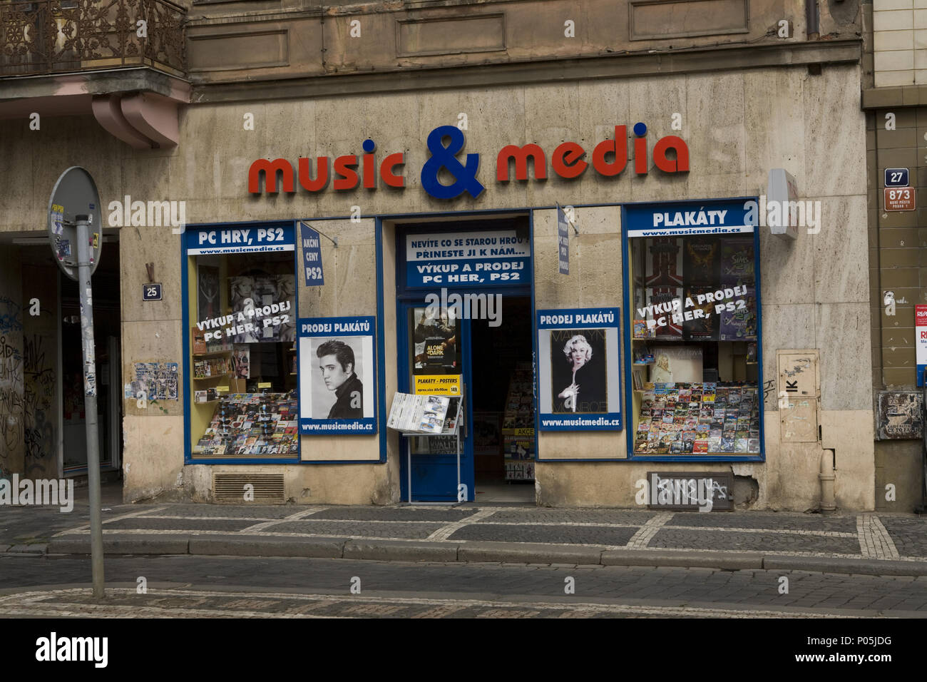 Marilyn Monroe and Elvis Presley are still archetypal entertainment  icons around the world as seen on this music and media store in Prague, Czech Republic.  2008 Stock Photo