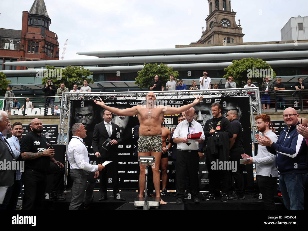 Tyson Fury during the weigh-in at The Great Northern, Manchester. Stock Photo