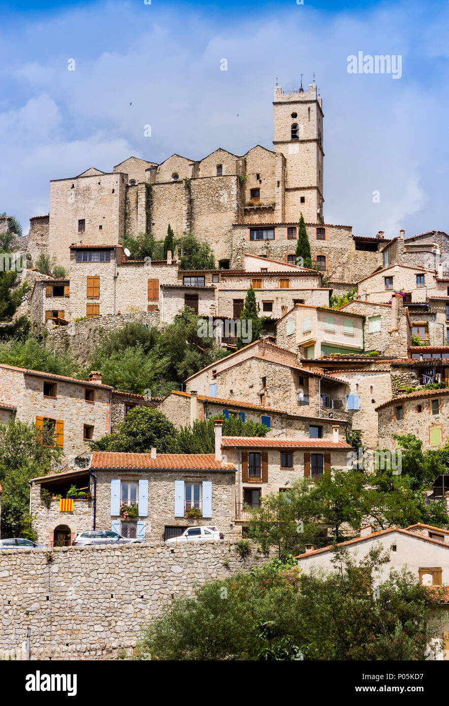 View of village of Eus in Pyrenees-Orientales, Languedoc-Roussillon. Eus is listed as one of the 100 most beautiful villages in France Stock Photo