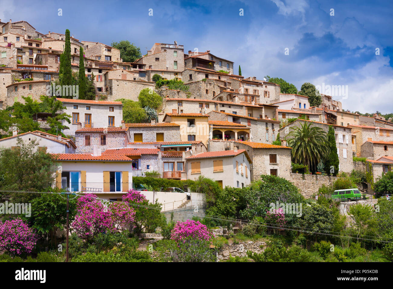 View of village of Eus in Pyrenees-Orientales, Languedoc-Roussillon. Eus is listed as one of the 100 most beautiful villages in France Stock Photo