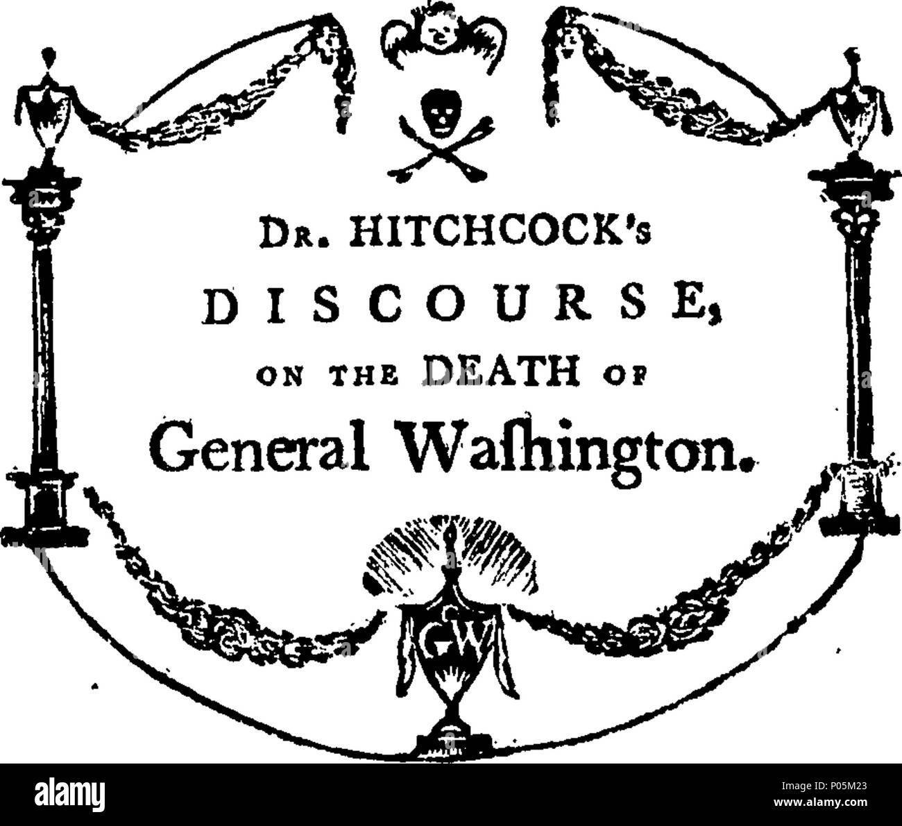 . English: Fleuron from book: A discourse, on the dignity and excellence of the human character; illustrated in the life of General George Washington, late commander of the armies, and president of the United States. In commemoration of the afflictive event of his death. Delivered February 22, 1800, in the Benevolent Congregational Church in Providence; and published by request of that society. By Enos Hitchcock, D.D. member of the Society of the Cincinnati. [Two lines of quotations]. 91 A discourse Fleuron W020197-1 Stock Photo