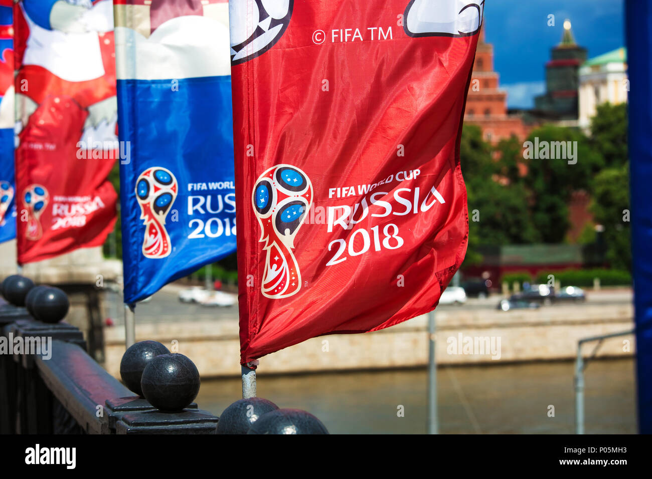 Moscow, Russia - June, 2018: Flag waving with official logotype of Russia Fifa 2018 cup in Moscow city Stock Photo