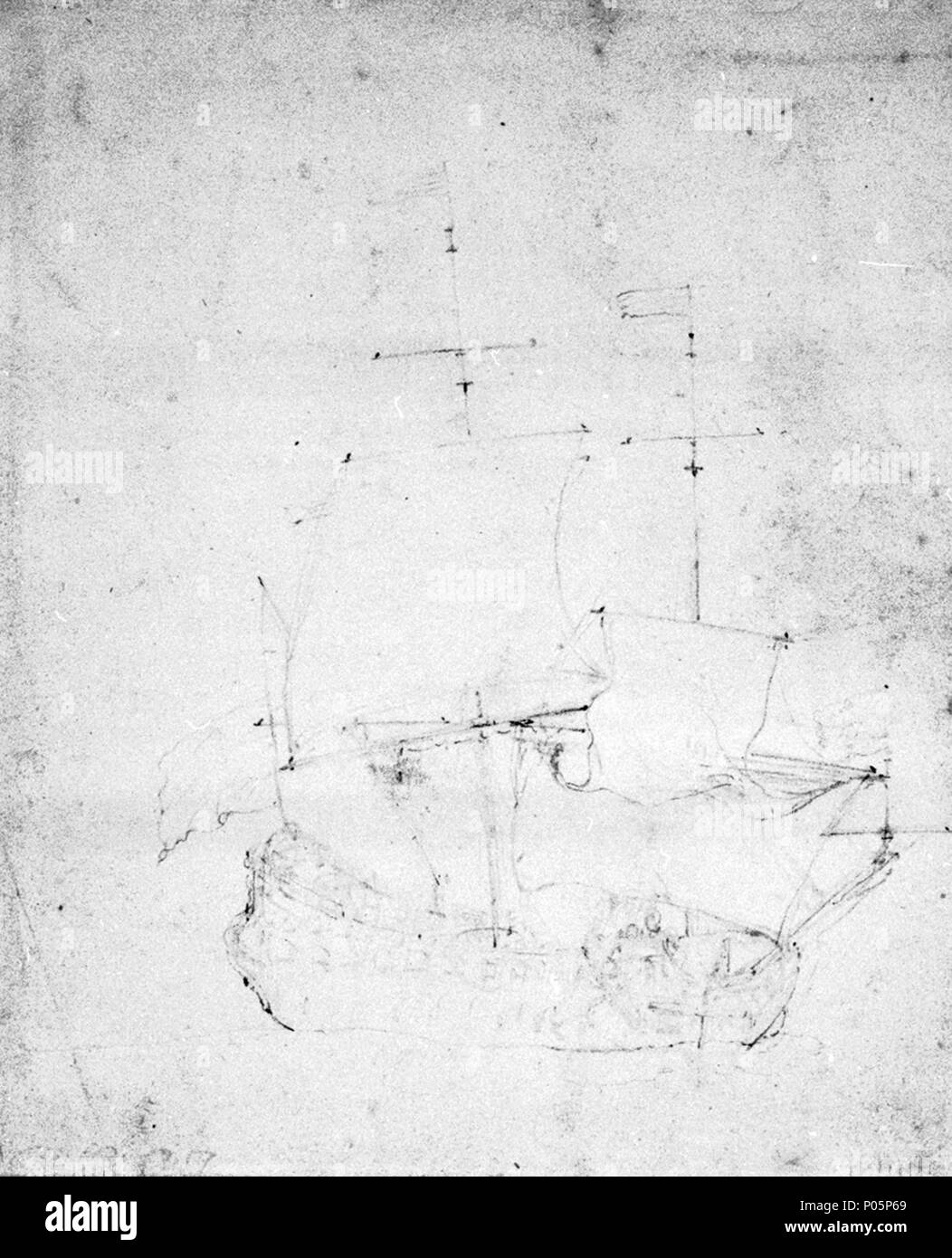 .  English: A Dutch ship close-hauled in a breeze This is an offset from another drawing, rubbed on the back and lightly worked up in graphite. An offset was a method used by the van de Veldes to transfer the outline of a ship’s hull from an existing drawing onto a new piece of paper. The new piece of paper was placed over the original drawing and rubbed on the back producing a faint drawing which could be worked up with graphite or pen and ink and any additional detail added. The drawing is signed in the lower left corner W.V.V.J.. A Dutch ship close-hauled in a breeze  . circa 1665. Willem V Stock Photo