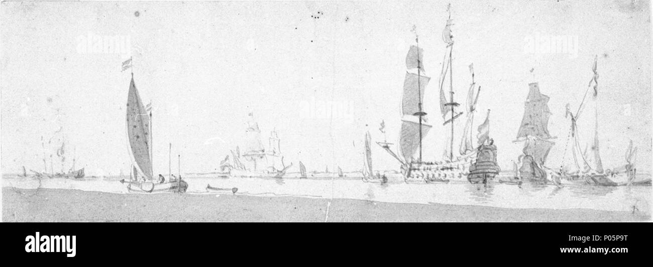 .  English: A Dutch ship with several vessels in light airs off the coast To the right, a port quarter view of a ship before a very light air under fore course, mizzen, topsails and topgallants. There is a states yacht astern of her on the extreme right. In the left foreground, a sprit-rigged galjoot is also before the wind. Other ships are shown in the background and there is land in the distance. This is an unsigned pencil and wash drawing by the Elder. The wash in the foreground, on the galjoot and on the ship, may have been added by a later hand. A Dutch ship with several vessels in light  Stock Photo