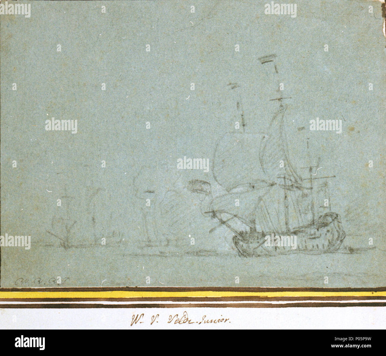 .  English: A Dutch ship with the wind on the port quarter To the right, viewed from the port bow, a ship under fore course and fore and main topsails with the wind on the port quarter; firing a salute with her starboard guns. There are two vessels in the left distance. This drawing by the Younger is signed in grey ink ‘W.V.VJ.’ It is in black chalk heightened with white on grey paper. A Dutch ship with the wind on the port quarter  . circa 1700. Willem Van de Velde, the Younger 97 A Dutch ship with the wind on the port quarter RMG PW6991 Stock Photo