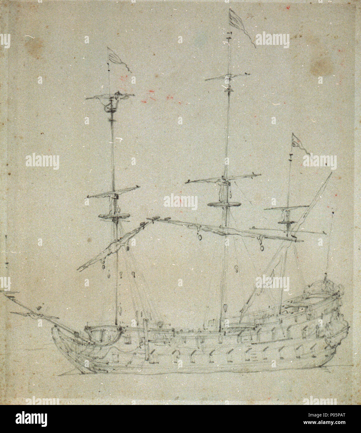 .  English: A Dutch two-decker at anchor This is an offset from another drawing with the hull only rubbed on the back and the masts and spars added. An offset was a method used by the van de Veldes to transfer the outline of a ship’s hull from an existing drawing onto a new piece of paper. The new piece of paper was placed over the original drawing and rubbed on the back producing a faint drawing which could be worked up with graphite or pen and ink and any additional detail added. The ship has all her sails furled except the fore topgallant, which a man is furling. The drawing is unsigned. A  Stock Photo
