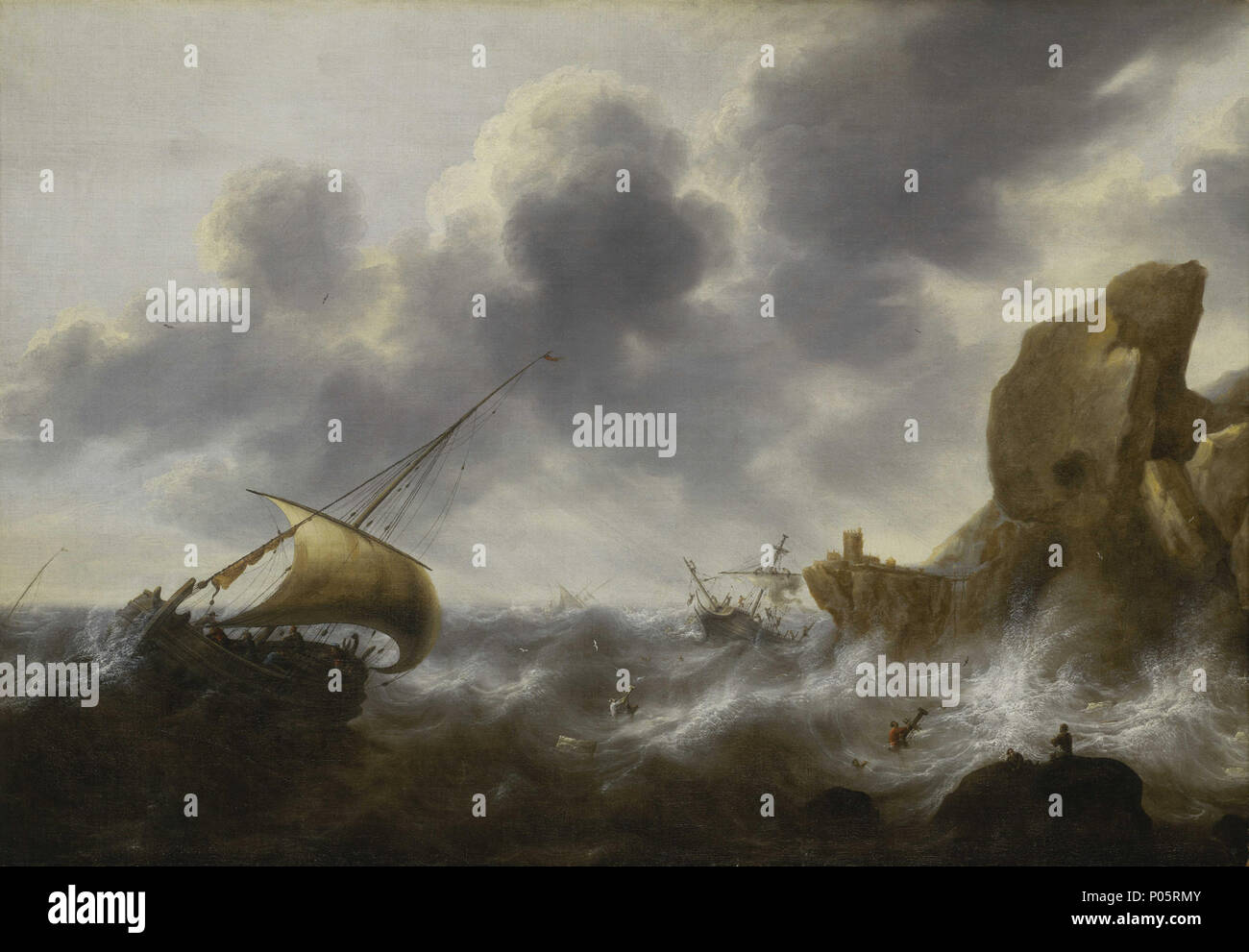 .  English: A Fishing Boat off a Rocky Coast in a Storm with a Wreck This interpretation of ships heading for destruction on the rocks shows a continuous narrative. In this painting, Bellevois illustrates a broad-bottomed fishing boat filled with people, travelling towards a cluster of large, rough-hewn rocks. The danger of this shoreline is made apparent by the small ship, in the centre right, sinking by the stern. In the foreground, another ship has succumbed to this peril recently: detritus floats in the sea and survivors are gripping onto its masts which are still visible above the water.  Stock Photo