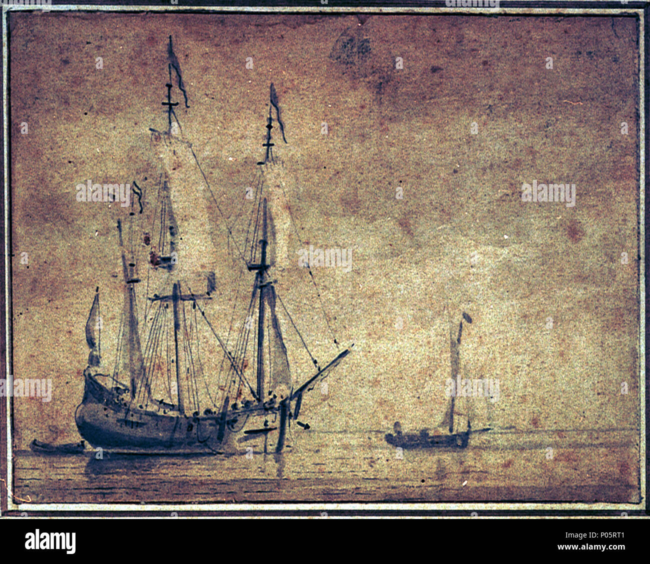 .  English: A flute in a light air A starboard bow view of a flute, probably a Dutch merchant vessel, in a light breeze. Unusually, the sails (specifically the fore course, mizzen and fore and main topsails) are indicated by the blank paper against a lightly washed, darker sky, apparently without any drawing. A smaller, single-sail vessel attends the scene on the flute’s port bow A flute in a light air  . circa 1675. Willem Van de Velde, the Younger 99 A flute in a light air RMG PV5263 Stock Photo