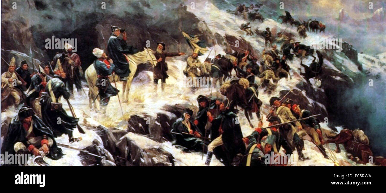 .  English: Russian Troops under Suvorov Crossing the Alps in 1799 ???????: ??????? ???????? ????? ??????????? ??????? (??????????? ?????) . 1904 84 PopovAN 001 Stock Photo